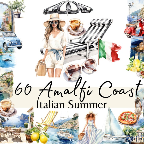 60 Amalfi Coast Italian Summer Clipart aquarelle, Coastal Italy Landscape Vacation Bundle, Card making, Digital Clip Art for Commercial Use