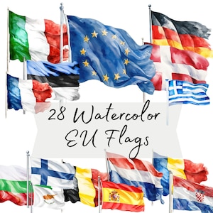 Puede incluir: Ilustración en acuarela de 28 banderas de la UE, incluyendo Italia, Francia y Alemania. Las banderas ondean en mástiles plateados sobre un fondo blanco. El texto "28 Watercolor EU Flags" está en el centro.