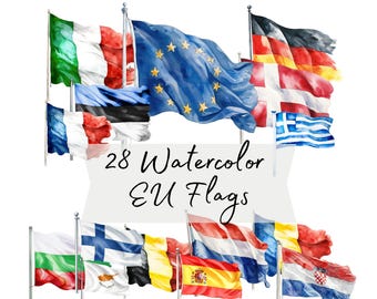 EU Watercolor Flags Clipart PNG, European Union Country Flags Bundle, Travel Journal Planner Stickers