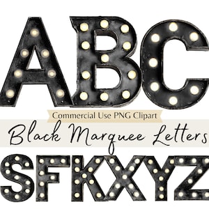 Chapiteau noir lumières lettres aquarelle Clipart, Hollywood Broadway Style alphabet noir PNG, caisson lumineux vintage lettrage police rétro de A à Z