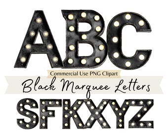 Black Marquees Lights Letters Watercolor Clipart, Hollywood Broadway Style Black Alphabet PNG, Vintage Light Box Lettering Retro Font A to Z