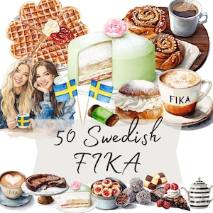 Pode incluir: Ilustração em aquarela de Fika sueco, com waffles, doces, café e duas mulheres. A imagem inclui um bolo verde, rolinhos de canela e uma xícara de café com a palavra "FIKA". Bandeiras suecas e várias sobremesas também estão presentes.
