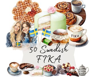 Swedish Fika Watercolor Clipart PNG – Cozy Scandinavian Coffee Break Illustrations for Planners, Journals & Crafts