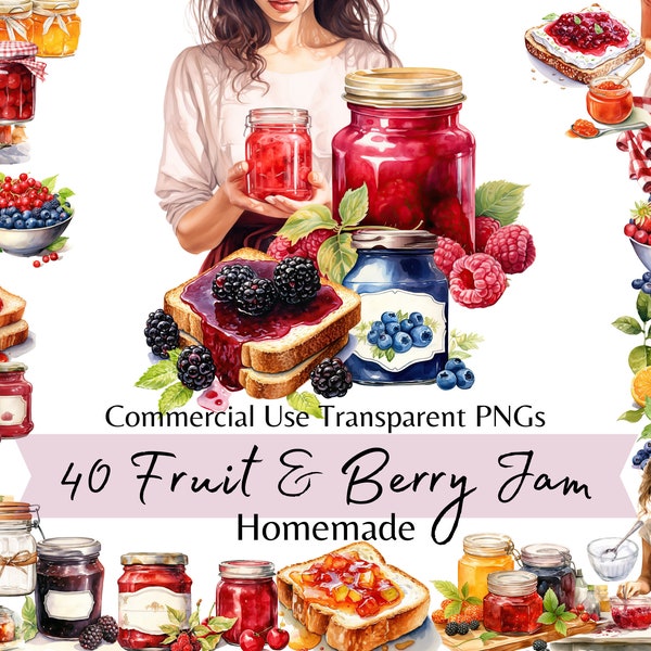 Fruit Jam Watercolor Clipart, Homemade Berry Jam, Fruit Marmalade and Jelly Graphics, Commercial Use PNG, Instant Digital Download