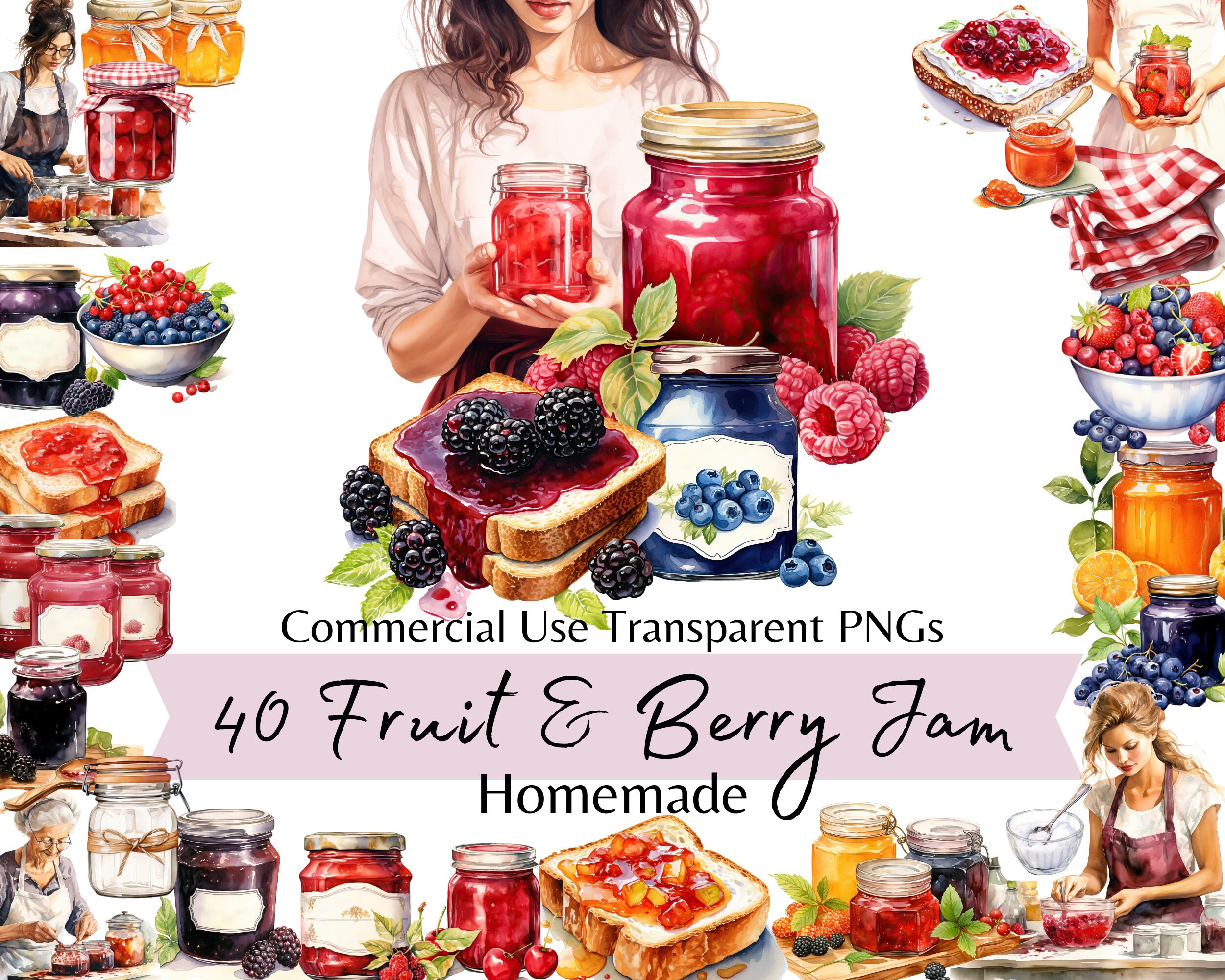 Fruit Jam Watercolor Clipart, Homemade Berry Jam, Fruit Marmalade and
