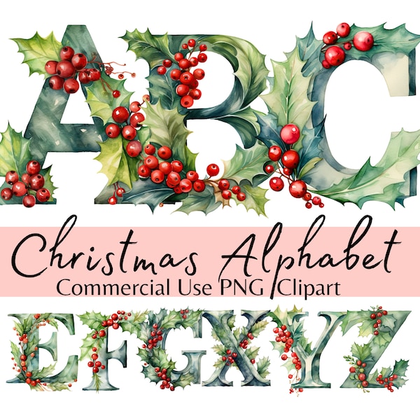 Christmas Holly Alphabet Watercolor PNG Clipart Bundle, English Alphabet Christmas Letter Graphic Fonts A to Z