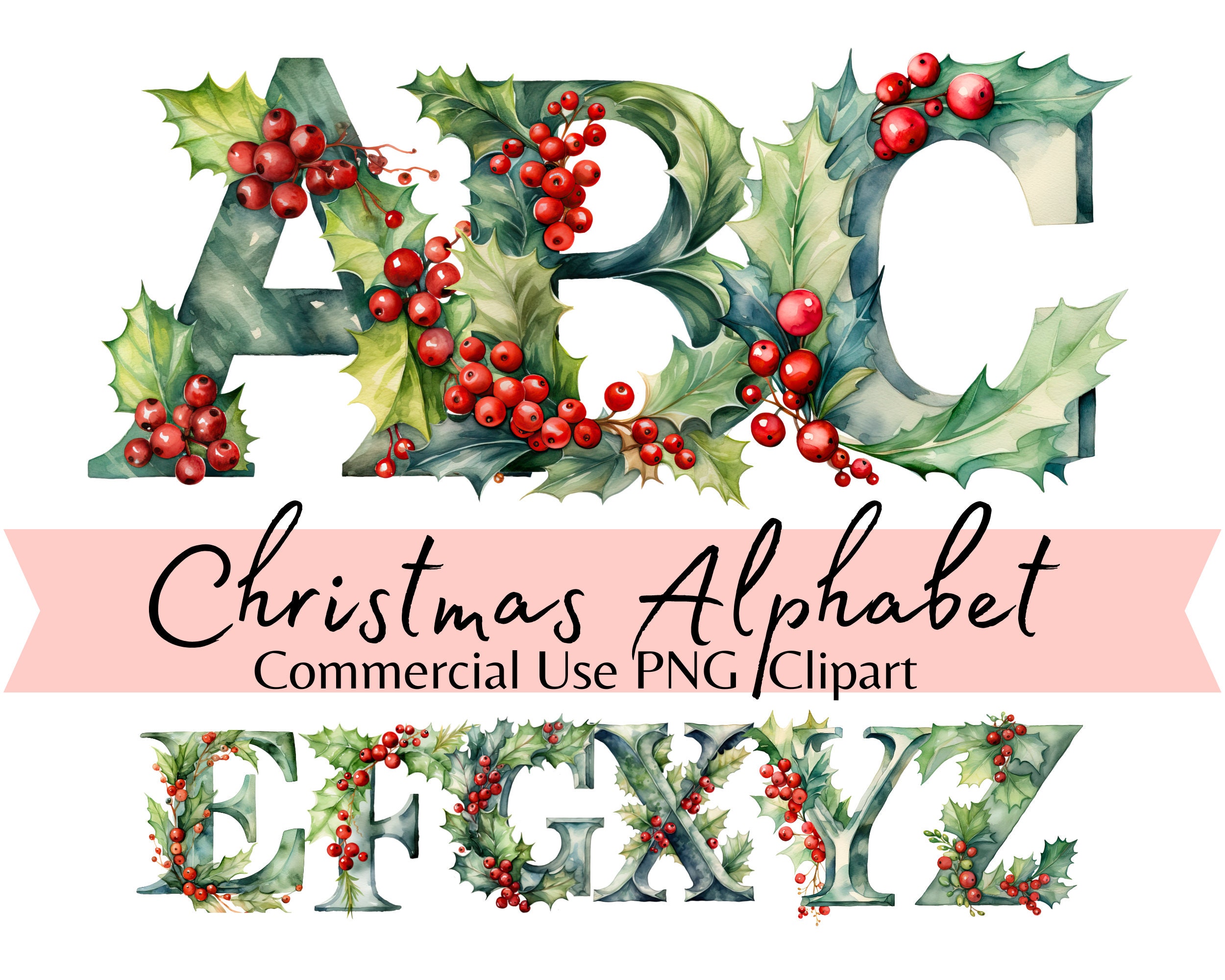 26 PNG Watercolour Green Christmas Alphabet Clipart (Instant