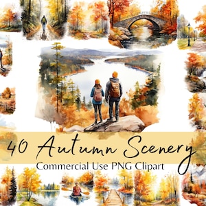 Clipart paesaggio autunnale, stagione autunnale dell'acquerello, creazione di cartoline bellissimi paesaggi autunnali, montagna, lago, cabina, foresta, pacchetto PNG natura