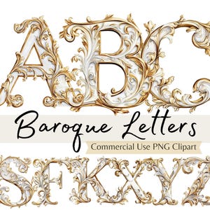 Letras de acuarela barrocas doradas en marfil dorado, fuente monograma vintage elegante PNG, alfabeto de filigrana rococó, papelería de diario para hacer uno mismo