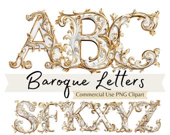 Letras de acuarela barrocas doradas en marfil dorado, fuente monograma vintage elegante PNG, alfabeto de filigrana rococó, papelería de diario para hacer uno mismo