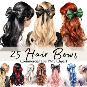 Clipart di fiocchi per acconciature da ragazza, illustrazioni ad acquerello di nastri per capelli in formato PNG, grafica di moda per planner e cancelleria, scrapbooking