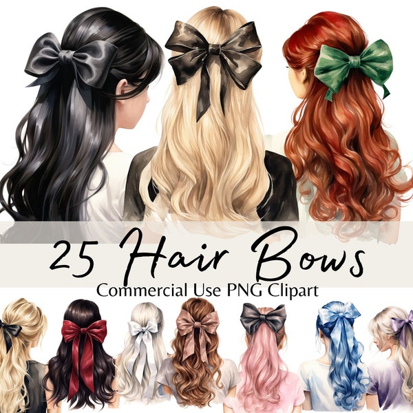 Girl Hairstyle Bow in the Hair Clipart, Hair Ribbons PNG Watercolor Illustrations, Planner and Stationery Fashion Graphics, Scrapbooking