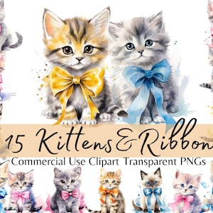 Cute Watercolor Kittens and Ribbons Clipart, Kitten Portraits Digital Printing, Cats with Bows PNG format, Instant Download, Commercial Use
