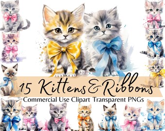 Niedliche Aquarell Kätzchen und Bänder Clipart, Kätzchen Portraits Digitaldruck, Katzen mit Schleifen PNG-Format, Sofortiger Download, kommerzielle Nutzung