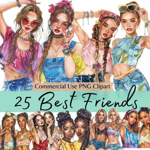Aquarel beste vrienden clipart, coole zussen en mode meisjes illustraties, besties png voor planners, scrapbooking, tijdschriften, stickers