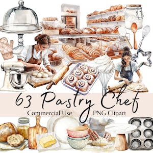 Pacote de clipart de aquarela de chef de confeitaria, ilustrações de PNG de suprimentos de panificação, gráficos de alimentos, sobremesas, pães e utensílios de cozinha, Cottagecore