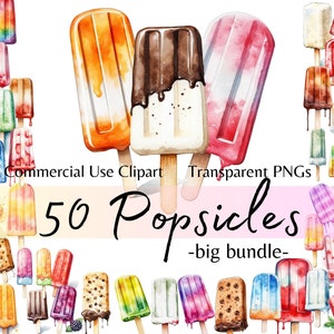 Watercolor Summer Popsicle Clipart, Big Bundle Ice cream on a Stick Dessert, Instant Download Transparent PNG Graphics for Commercial Use