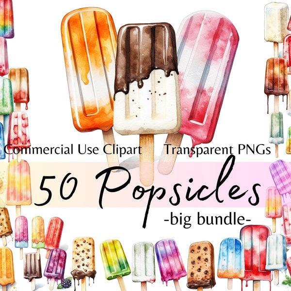 Watercolor Summer Popsicle Clipart, Big Bundle Ice cream on a Stick Dessert, Instant Download Transparent PNG Graphics for Commercial Use