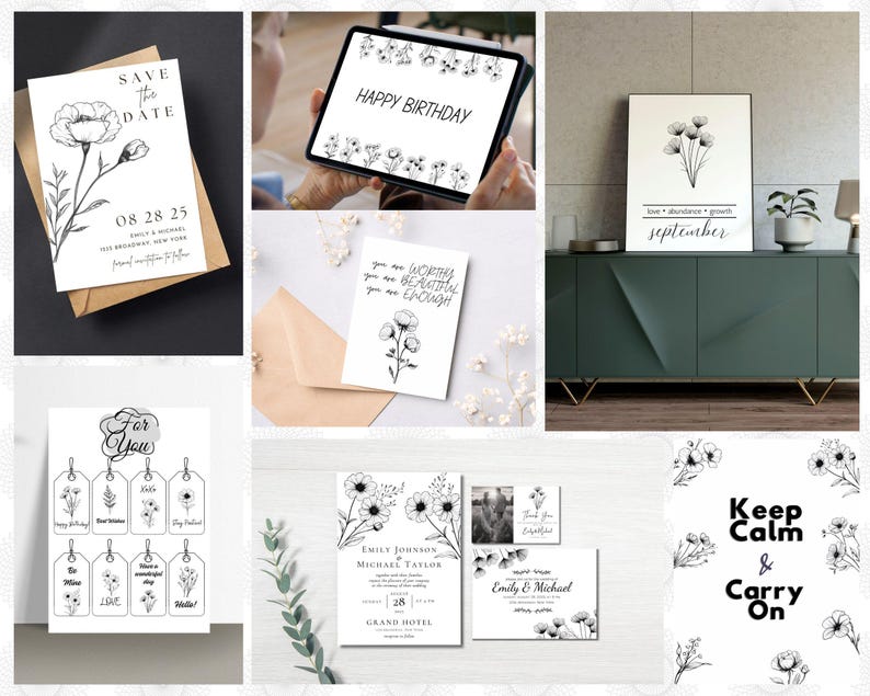 Floral Line Art Clipart Bundle, Botanical Minimalist Flowers & Plants ...