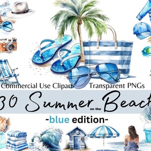 Summer on the Beach, Ocean Travel Digital Beach Clipart, Watercolor Summer Holiday Clipart, Card making, Digital Clip Art for Commercial Use
