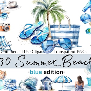 Estate sulla spiaggia, Ocean Travel Digital Beach Clipart, Acquerello Summer Holiday Clipart, Card making, Digital Clip Art per uso commerciale