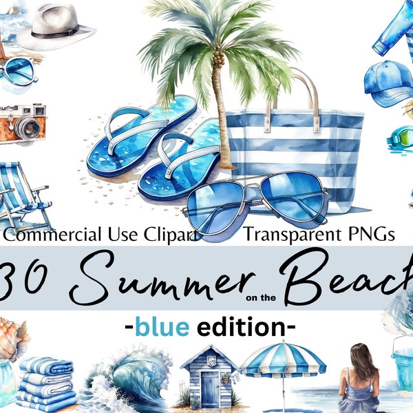 Summer on the Beach, Ocean Travel Digital Beach Clipart, Watercolor Summer Holiday Clipart, Card making, Digital Clip Art for Commercial Use