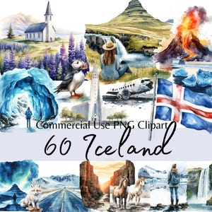 IJsland clipart aquarel bundel, Scandinavisch landschap, Nordic Nature Travel PNG-graphics, digitale IJslandse monumenten voor commercieel gebruik