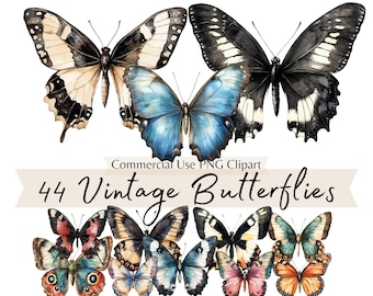 Watercolor Vintage Butterflies Clipart, Antique Insect Illustration PNGs, Botanical Butterfly Art, Victorian Ephemera for Junk Journal