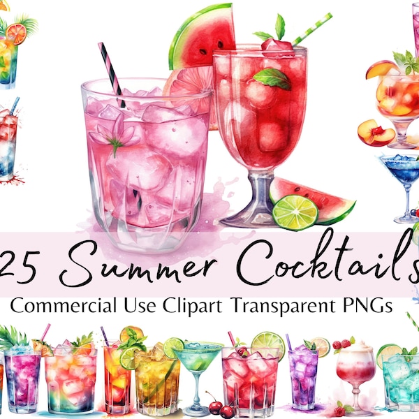 Clipart Cocktail aquarelle | Fête d'été | Cocktail de fête | Illustrations de cocktails | Cocktail aquarelle PNG | Téléchargement instantané boissons art