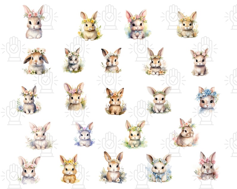 Cute Floral Baby Bunny Clipart, Watercolor Adorable Baby Rabbits With ...