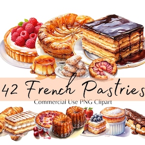 Aquarel Franse gebakjes clipart, Franse dessert patisserie clipart PNG bundel, croissant, eclair, tarte tatin, soufflé, soesje choux
