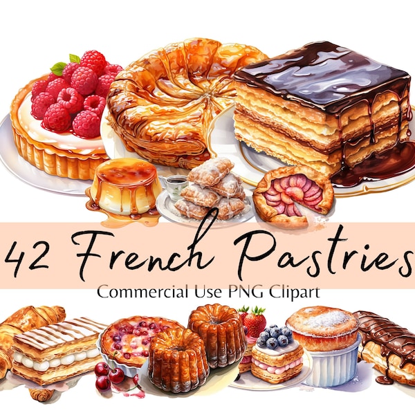 Watercolor French Pastries Clipart, French Dessert Patisserie Clipart PNG Bundle, Croissant, Eclair, Tarte Tatin, Souffle, Profiterole Choux