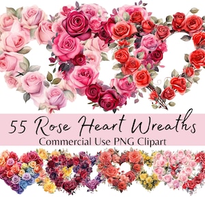Clipart de aquarela de grinalda de coração rosa para o dia dos namorados, moldura floral de borda em forma de coração PNG, guirlanda floral para uso comercial, casamentos