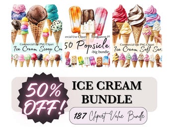 Watercolor Ice Cream & Popsicle Clipart Bundle, Summer Treats PNG, Soft Serve, Scoops, Waffle Cones, Dessert Illustration for Commercial Use