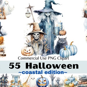 Coastal Halloween Watercolor Clipart, Transparent PNG Designs for Commercial Use, Pastel Halloween for Invitations, Scrapbook, Paper Crafts