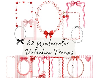 Valentine Ribbon Frames Clipart, Watercolor Heart Border PNGs for Cards, Planners, Invitations & Scrapbooking
