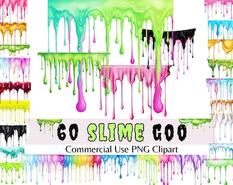 May include: 60 colorful slime goo dripping down in various colors, including pink, green, blue, yellow, and black.  Commercial Use PNG Clipart.