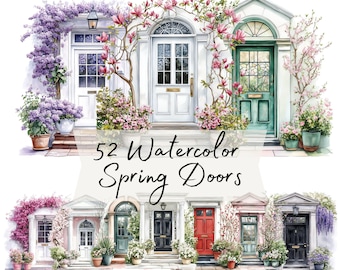 Watercolor Spring Door Clipart, Floral Cottage House PNG Bundle