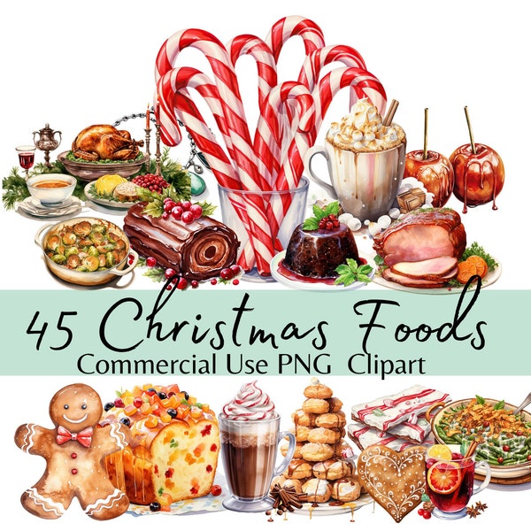 Watercolor Christmas Food and Desserts Clipart, PNG Christmas Sweets Dishes, Gingerbread, Sugar Cookie, Turkey, Eggnog, Candy Cane, Yule Log