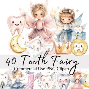 Paquete de imágenes prediseñadas de acuarela del Hada de los Dientes, personajes PNG del Hada de los Dientes, lindo diente de bebé, almohada, cartas y bolsa, certificado, recibo, decoración