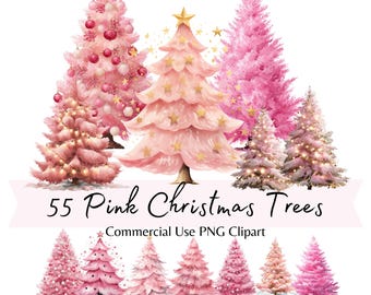 Pink Watercolor Christmas Trees Clipart, Snow-Covered Pine & Fir Tree PNGs, Winter Holiday Forest Graphics Scrapbooks, Invitations, Planners