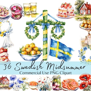 Schwedische Mittsommerparty Clipart, skandinavisches Aquarell Frühlingslebensmittel, Sofort Download PNG für kommerzielle Nutzung
