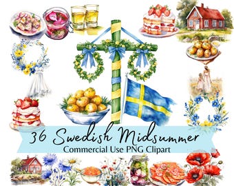 Swedish Midsummer Party Clipart, Scandinavian Watercolor Spring Food Bundle, Instant Download PNG for Commercial Use
