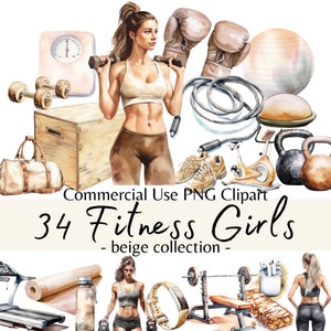 Paquete de imágenes prediseñadas de acuarela para chicas fitness, accesorios para equipos de gimnasio beige, entrenamiento femenino PNG, ilustraciones de entrenamiento CrossFit para mujeres, planificadores