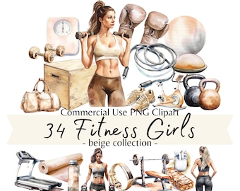 Fitness Girls Watercolor Clipart Bundle, Beige Gym Equipment Accessories Female Training PNG, Women CrossFit Workout Illustrations, Planners