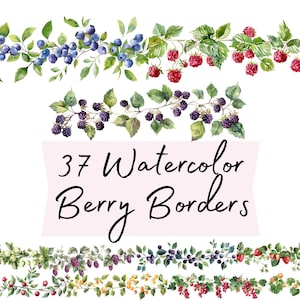 Puede incluir: Ilustraciones de acuarela de bordes de bayas con arándanos, frambuesas, moras y otras bayas con hojas verdes. La imagen incluye el texto "37 Watercolor Berry Borders".
