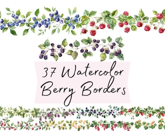 Watercolor Berry Borders Clipart PNG, Strawberry Blueberry Raspberry Frames, Floral Fruit Borders, Scrapbook Planner Elements