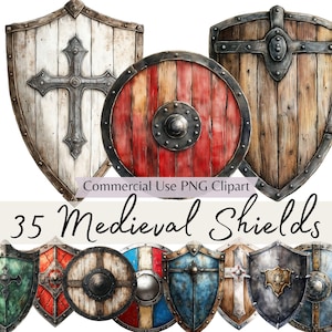 Imágenes prediseñadas de escudos medievales de madera y placa de hierro, escudos vikingos de caballero y broquel de acuarela PNG, paquete para diarios basura, álbumes de recortes, bricolaje