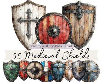 Medieval Wooden and Iron Plate Shields Clipart, Watercolor Knight and Buckler Viking Shields PNG, Bundle for Junk Journals, Scrapbooks, DIY