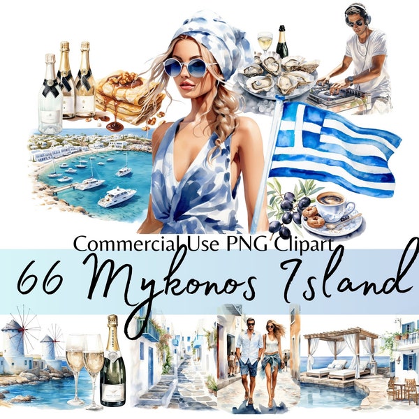 Mykonos Greek Summer Party Watercolor Clipart, Party Island, Greece Landscape Vacation Bundle, Card making, Digital Clip Art, Commercial Use